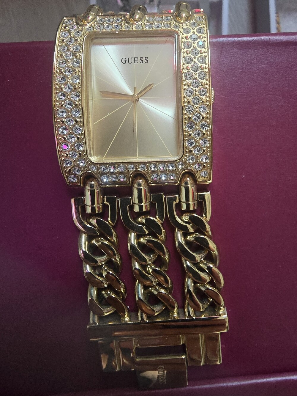 GUESS Gold Crystal-Trim Triple Chain Bracelet Watch